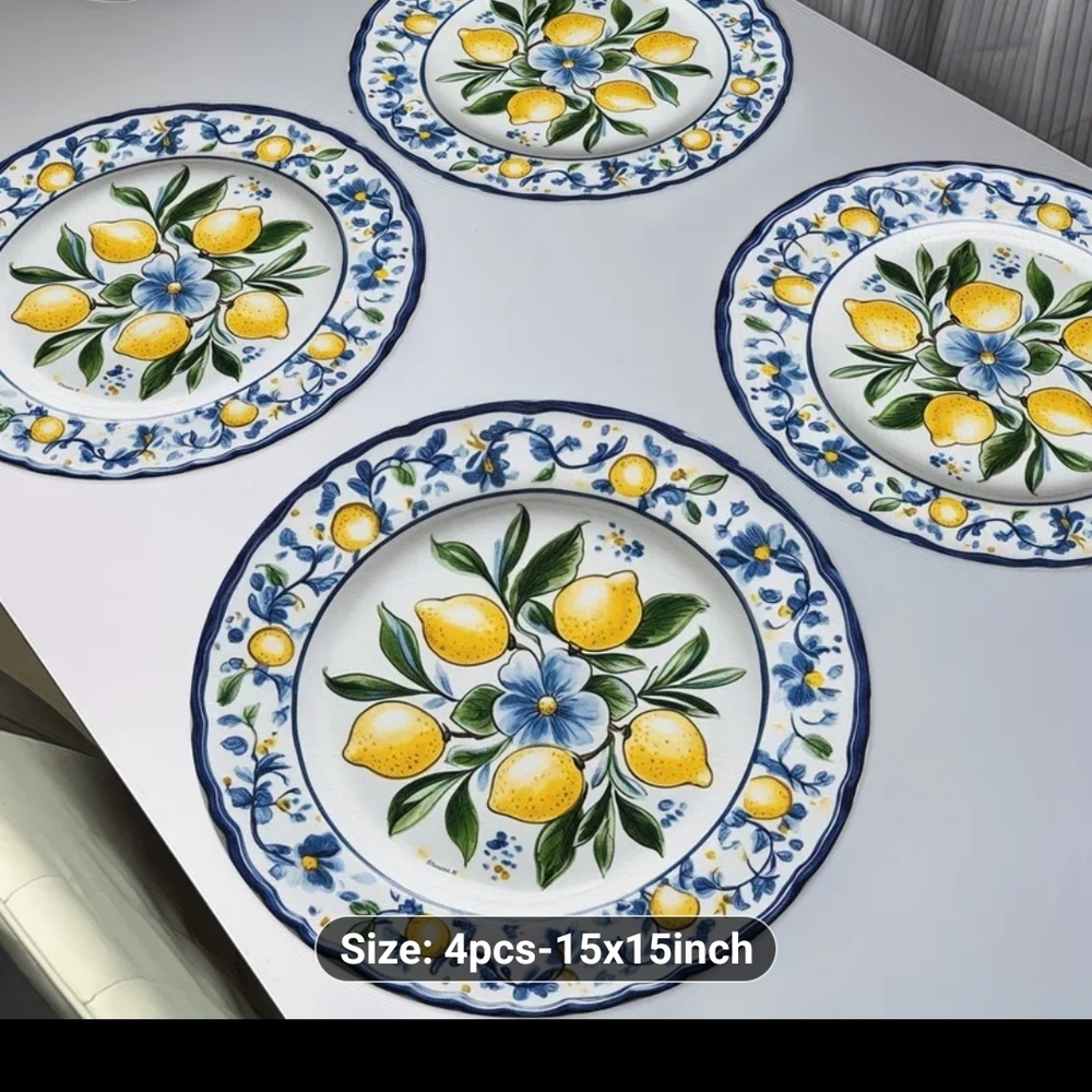 Lemon Floral Dinner Placemats Set Of 4 - Blue and Yellow